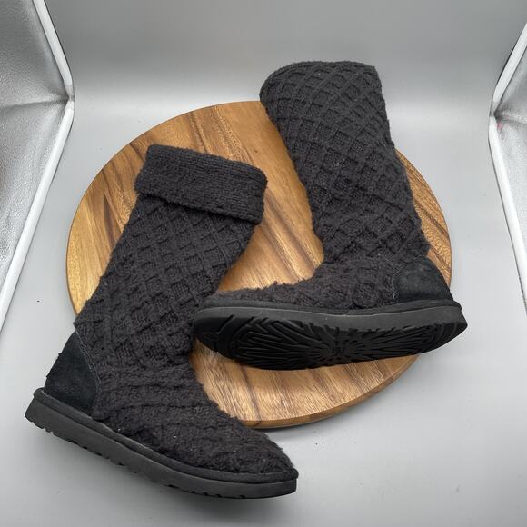 UGG Australia Boots Womens Size 7 Black Lattice Cardy Button Knit Tall 3066 - Picture 5 of 7